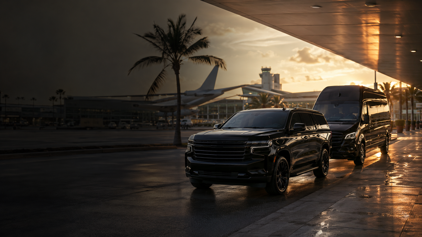 Black executive SUV and passenger van ready for a private Miami airport transfer