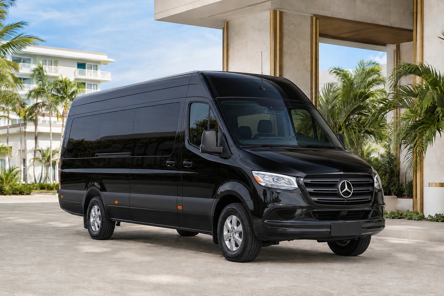 Black Mercedes-Benz Sprinter 14-passenger van for Miami airport group transfers