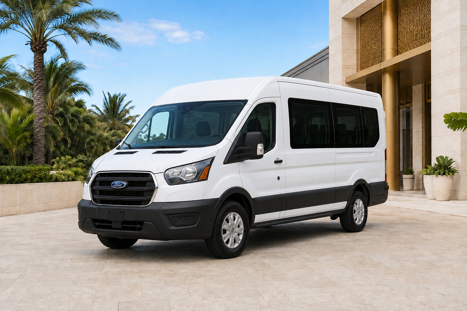 White Ford Transit passenger van for Miami airport group transportation